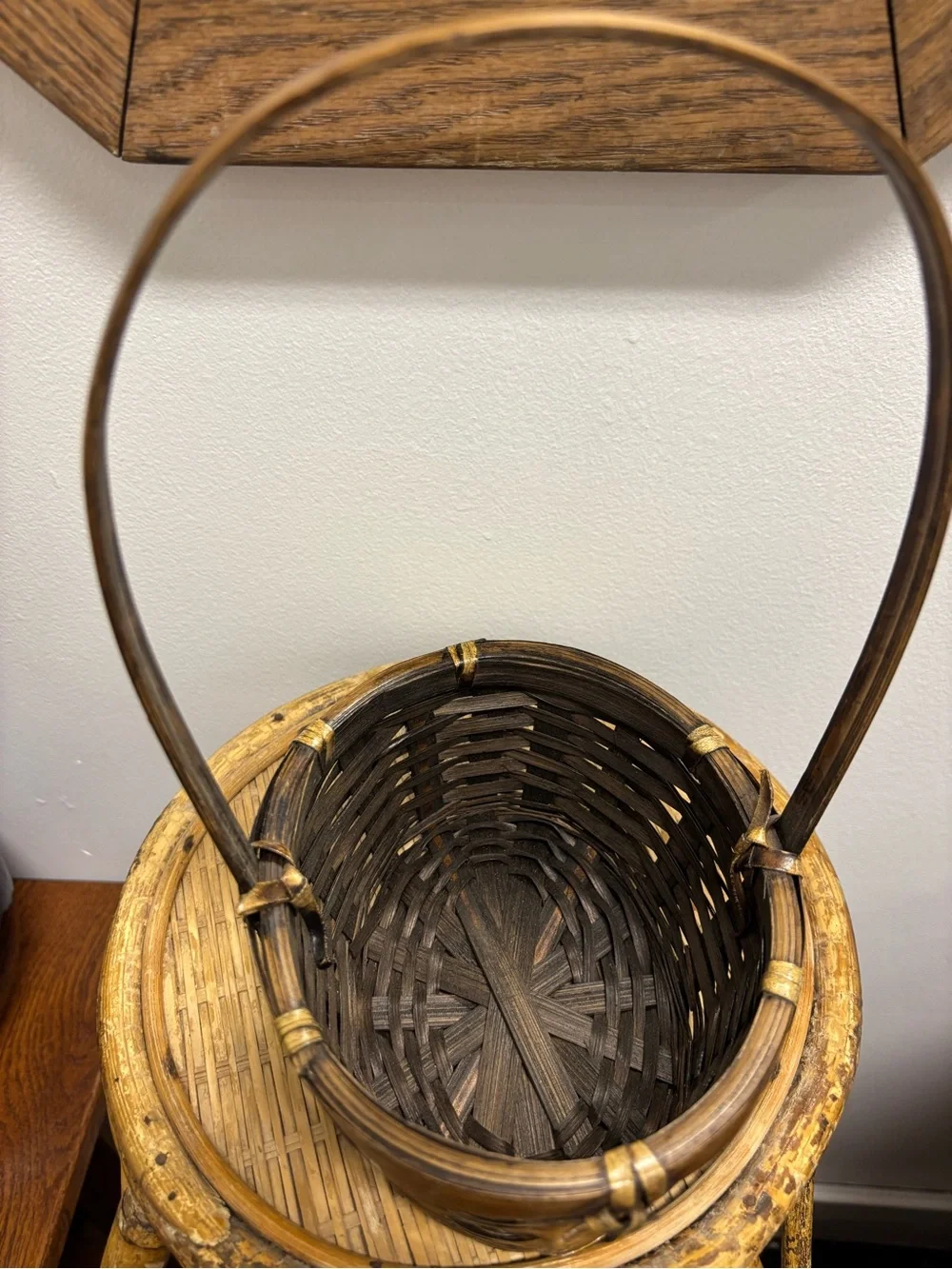 Handwoven Brown Wicker Basket with Tall Handle by